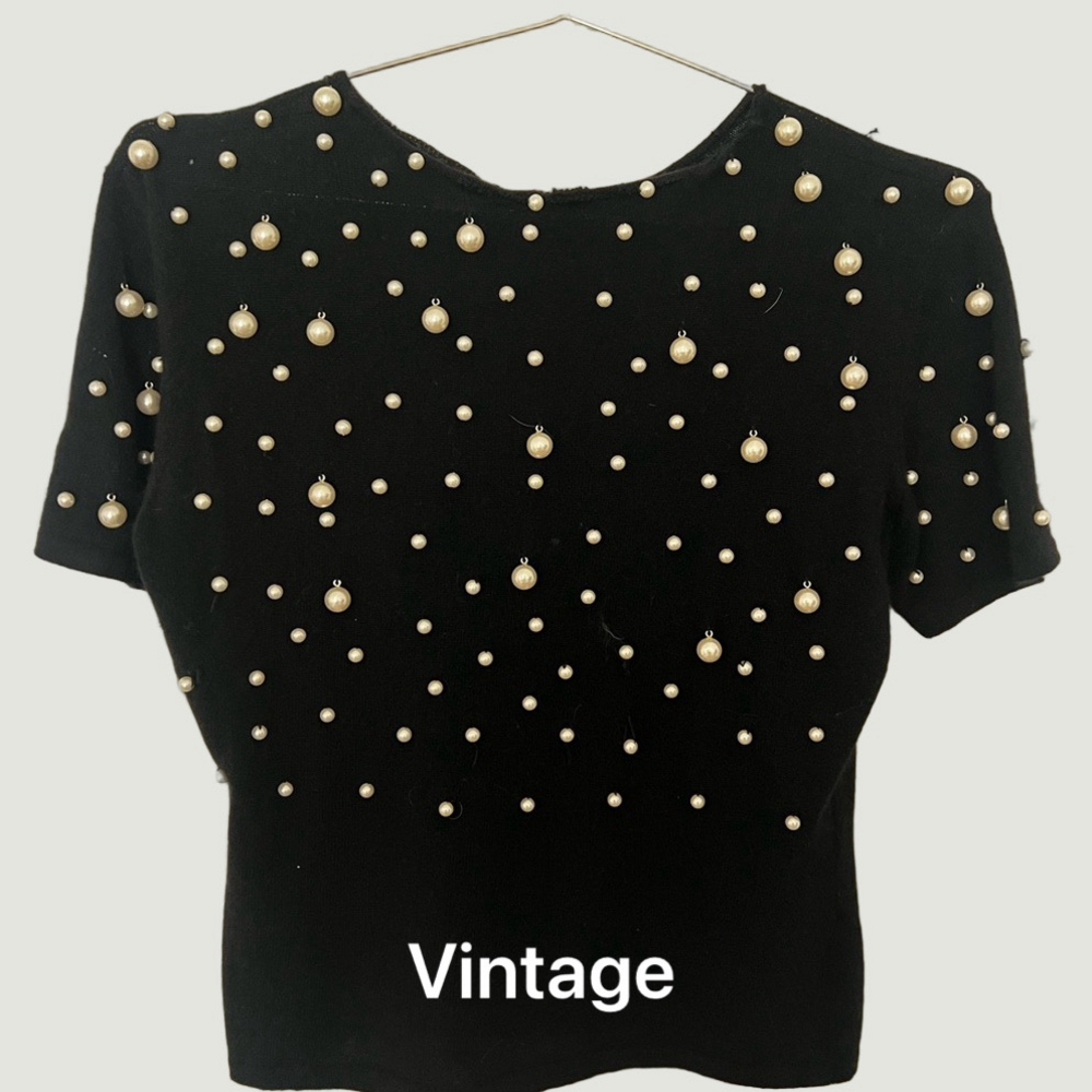 Vintage Black Pearl-Embellished Women's Top